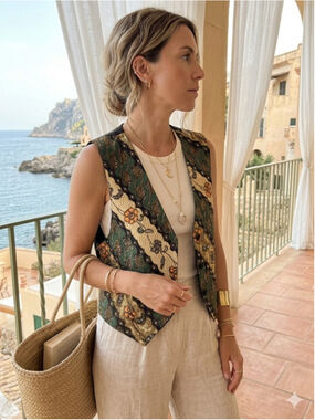 Bali Chic Beaded Batik Vest Bohemian Artisan Floral Waistcoat One Size